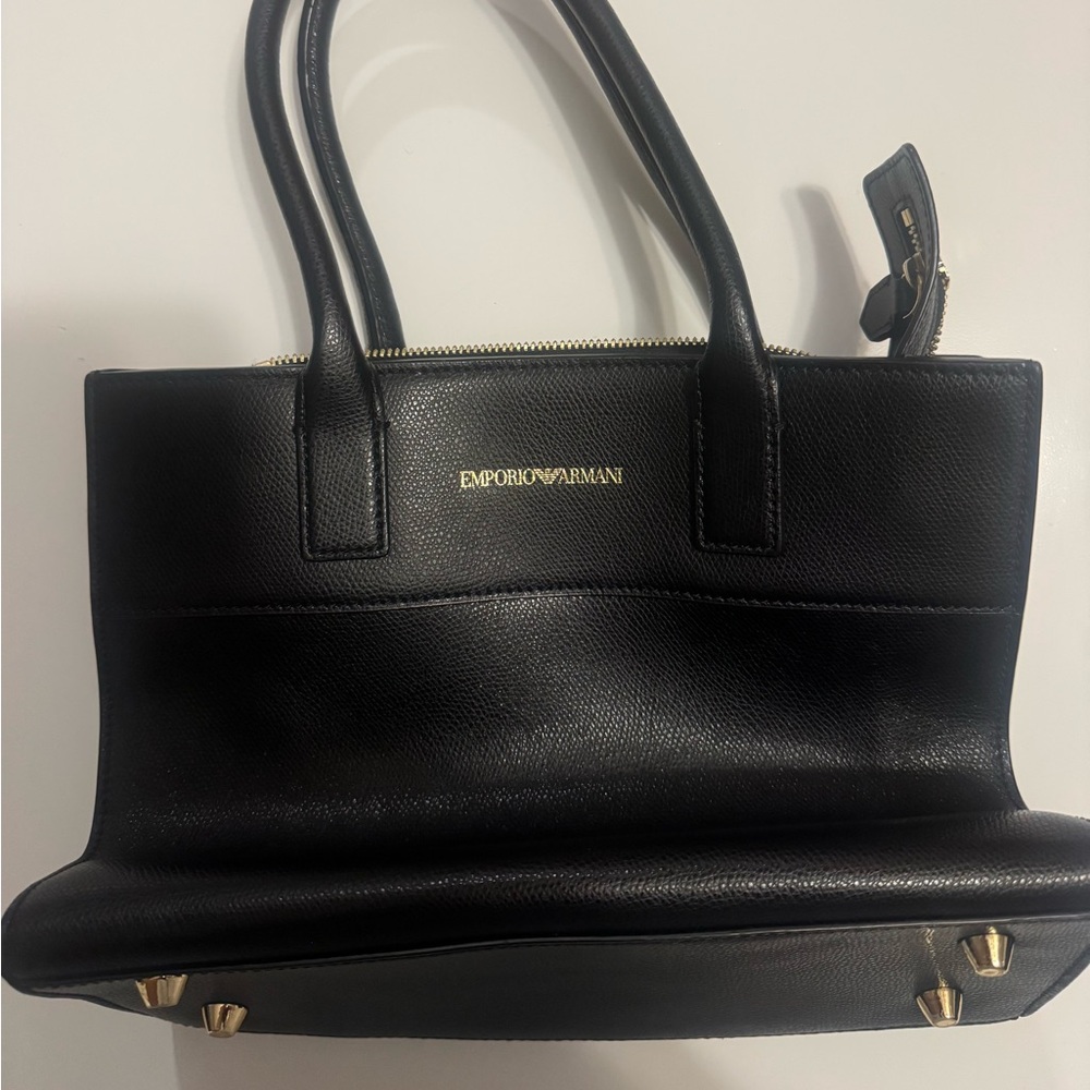 Emporio Armani Black Leather Structured Tote with Gold Accents
